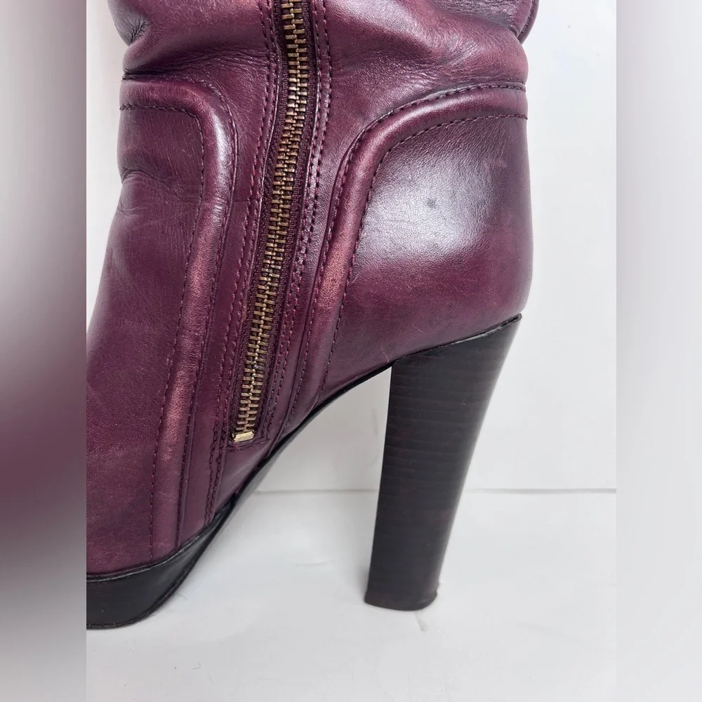 TORY BURCH wine/eggplant leather gold logo platform heeled knee high boots 8